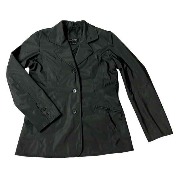 Vtg Women's Jacket Small Black Faux Leather Collared Button Up Lined Outer Edge - Picture 1 of 14